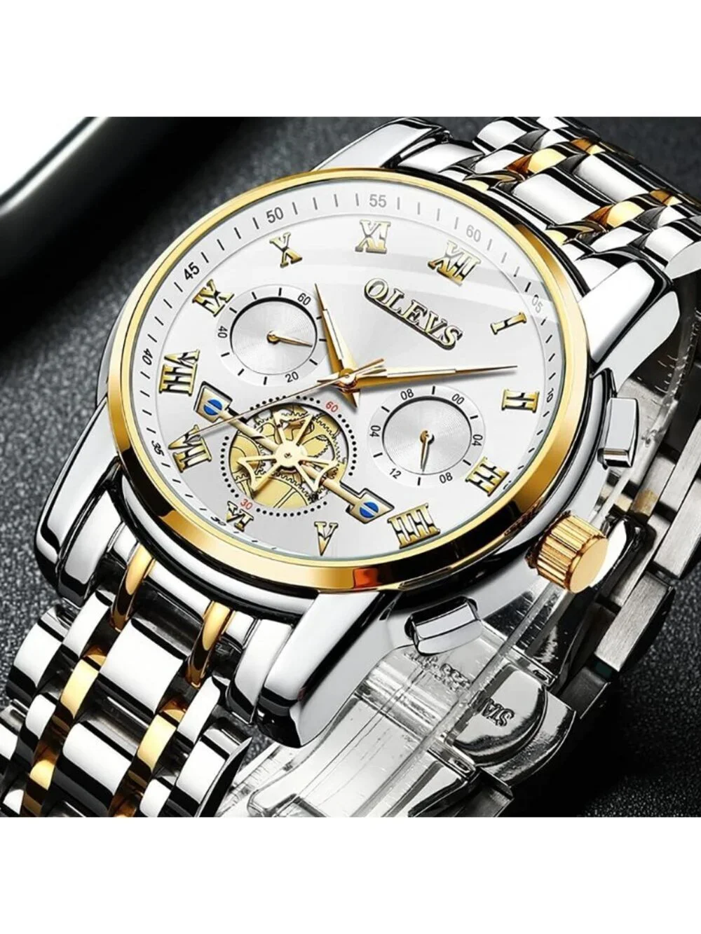 Olevs Men's Gold And White Multifunction Waterproof Luminous Chronograph Watch